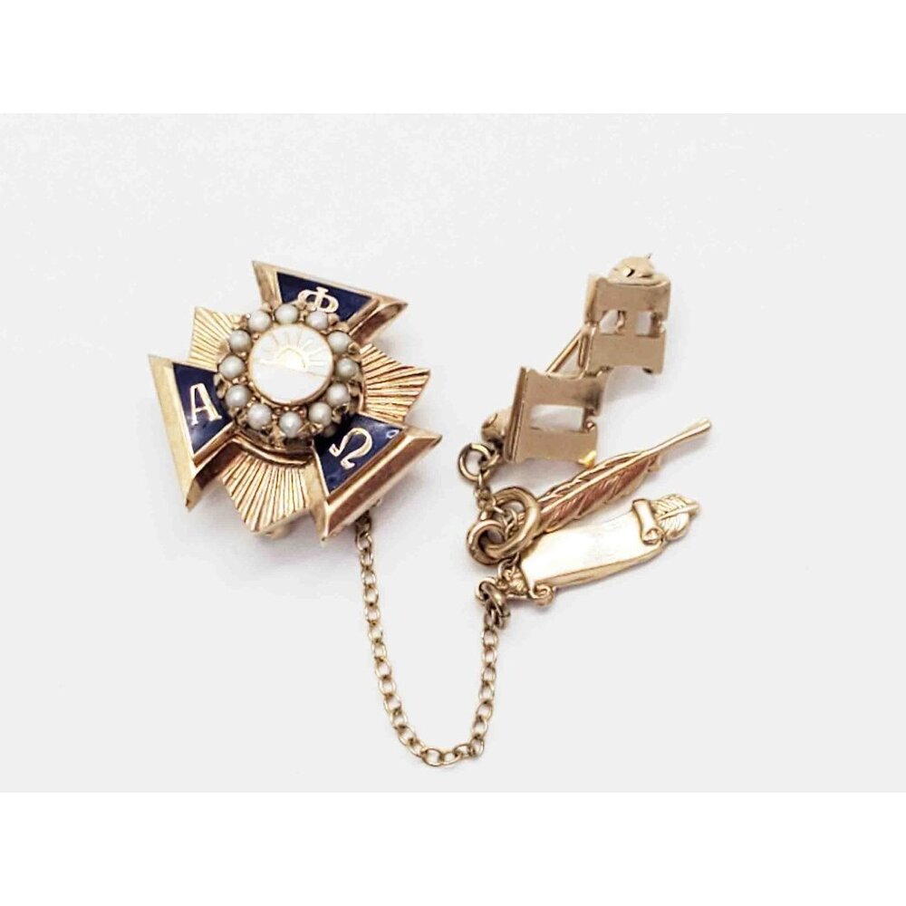 Vintage 1967 Alpha Phi Omega College Service Fraternity Seed Pearl Pin 10k Gold